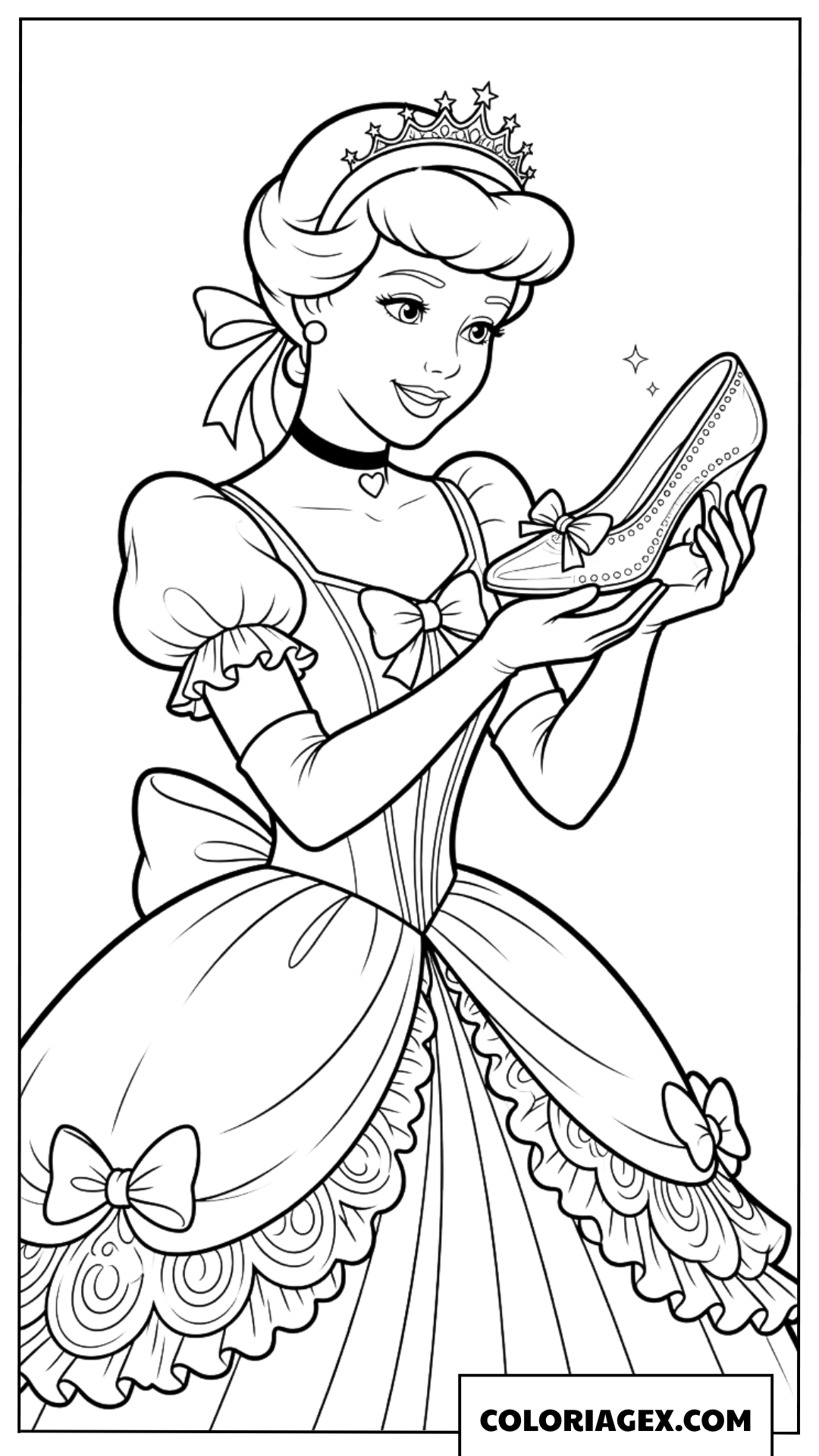 Coloriage de Cendrillon radieuse en robe de bal avec sa chaussure magique