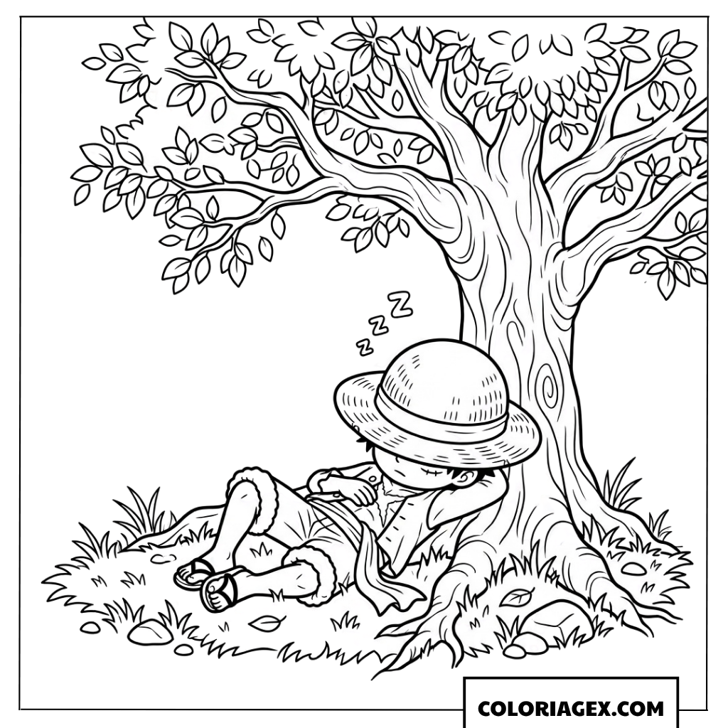 Coloriage de Chibi Luffy dormant sous un arbre