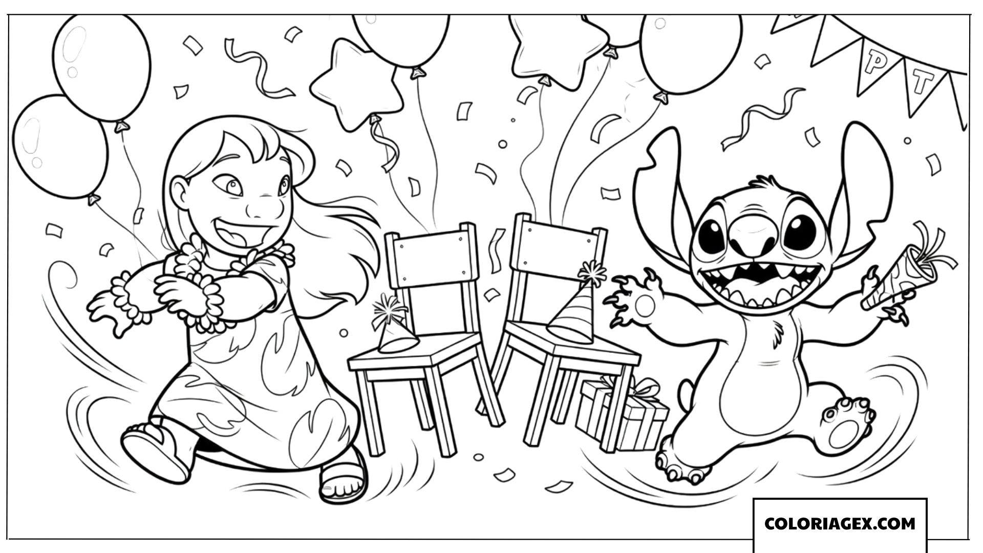 Coloriage de Lilo et Stitch dansant à une fête d'anniversaire animée
