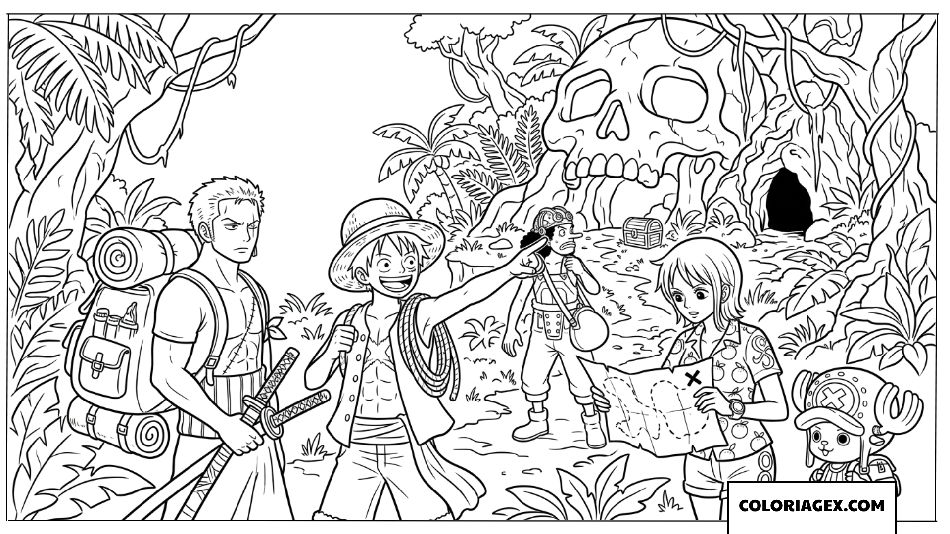 Coloriage de Luffy, Zoro et leurs compagnons explorant l'île au crâne