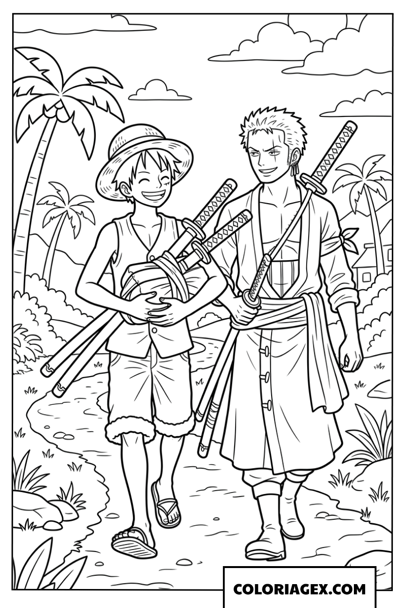 Coloriage de Luffy aidant Zoro à porter ses précieux sabres