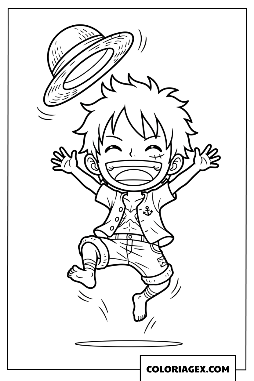 Coloriage de Luffy chibi sautant de joie