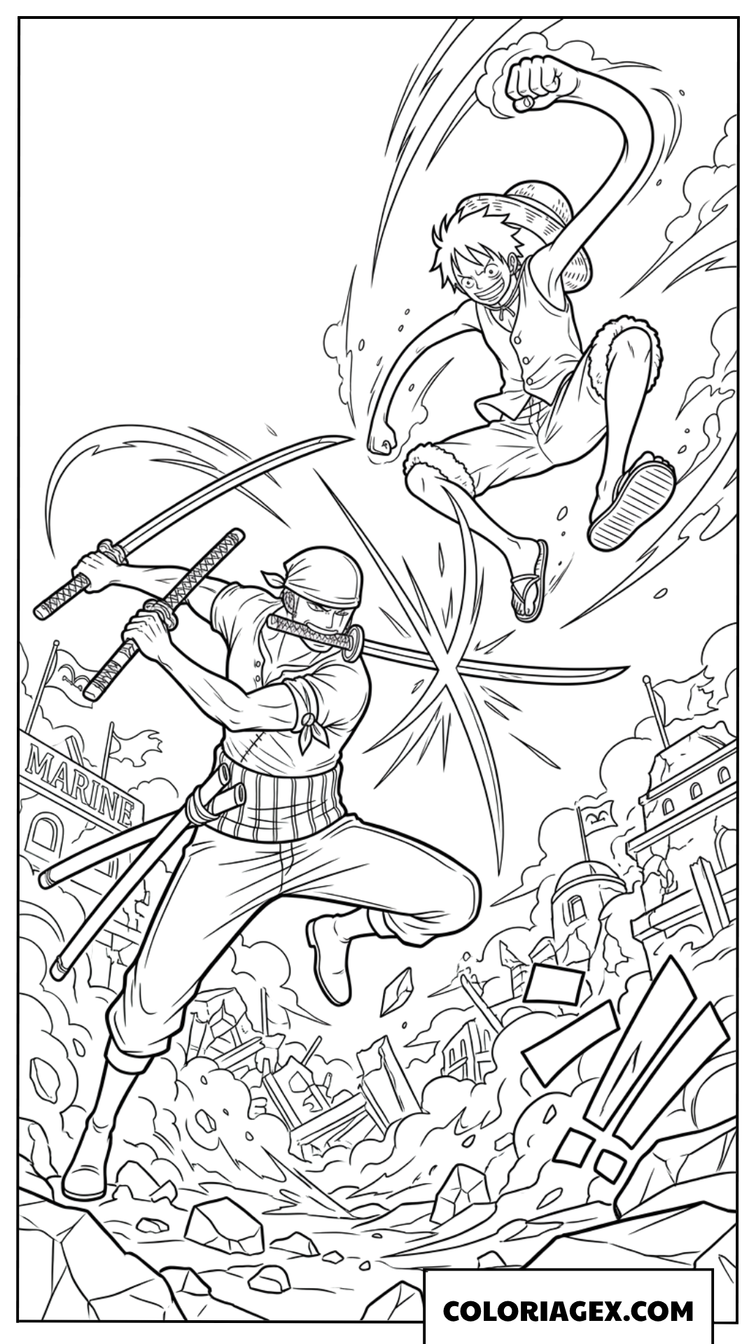 Coloriage de Luffy et Zoro attaquant la base de la Marine