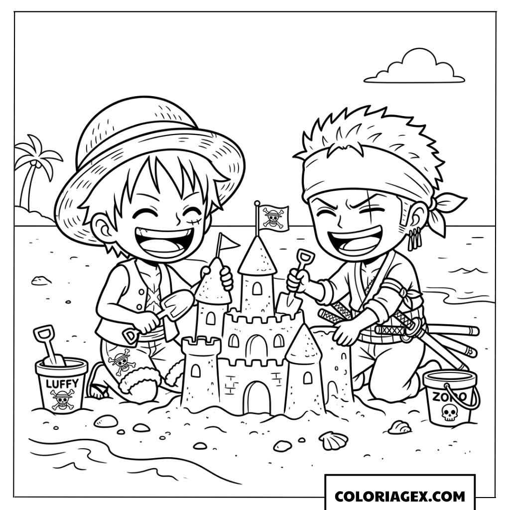 Coloriage de Luffy et Zoro chibi construisant un château de sable