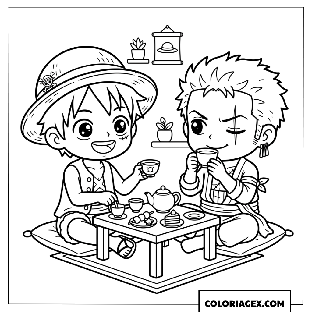 Coloriage de Luffy et Zoro chibi profitant d'un goûter