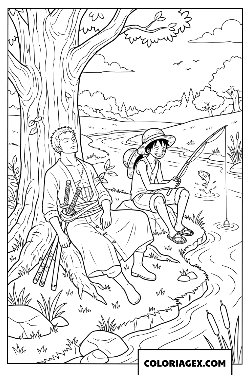 Coloriage de Luffy pêchant et Zoro dormant sous un arbre