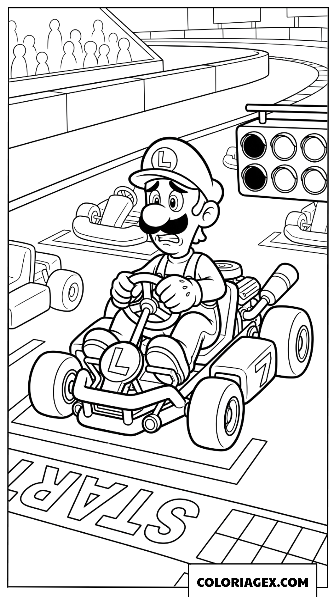 Coloriage de Luigi Mario Kart sur la ligne de depart