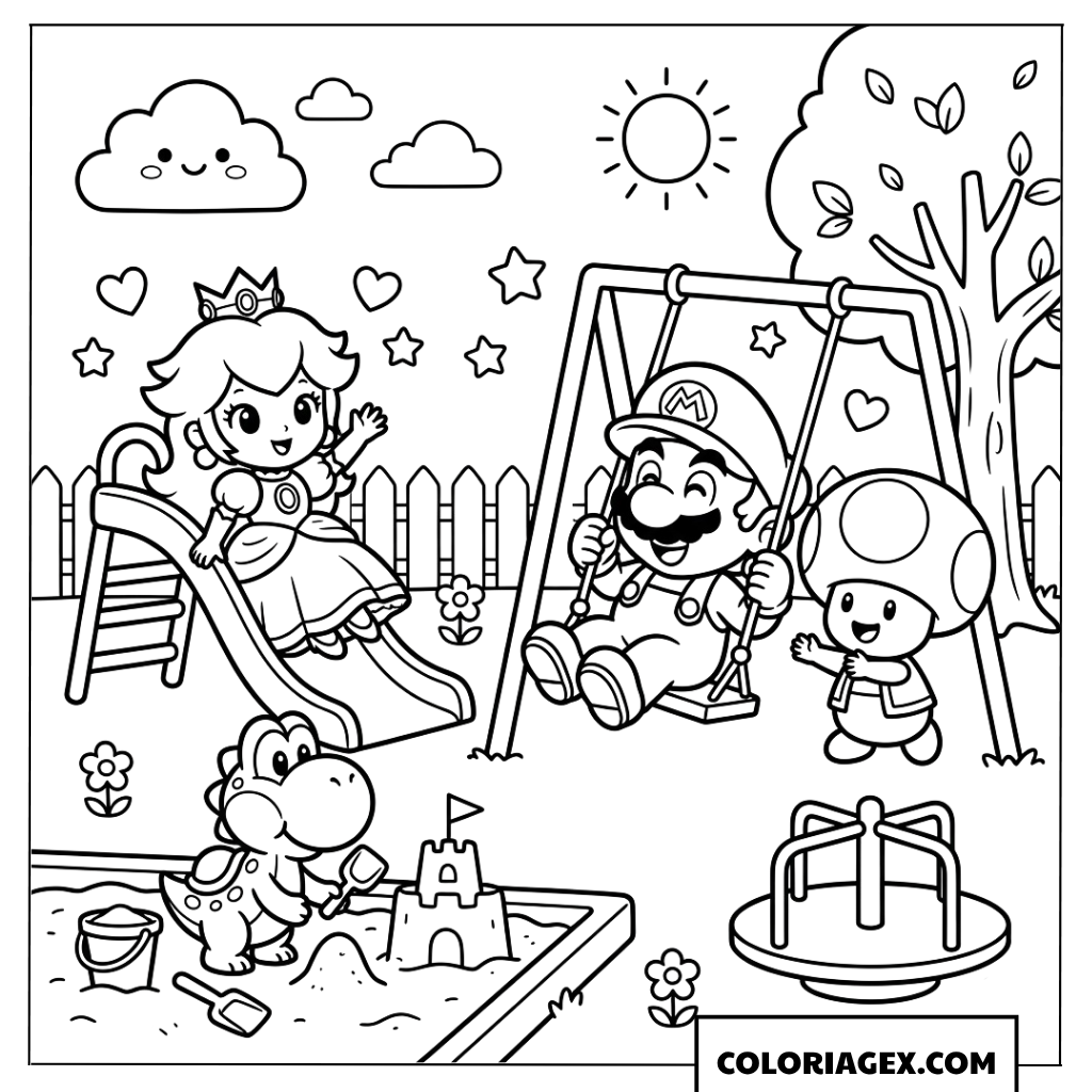 Coloriage de Mario Peach et leurs amis au parc de jeux mignon