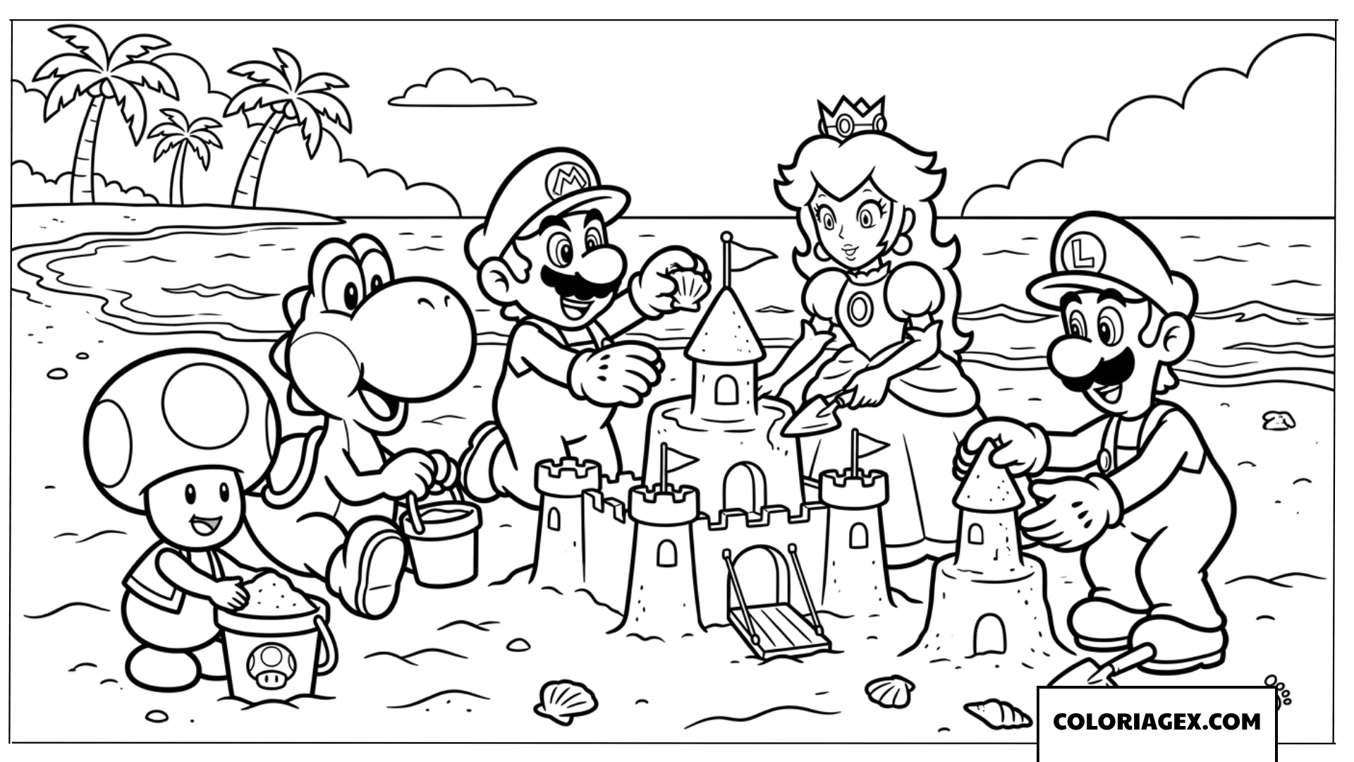 Coloriage de Mario Peach et leurs amis construisant un chateau de sable