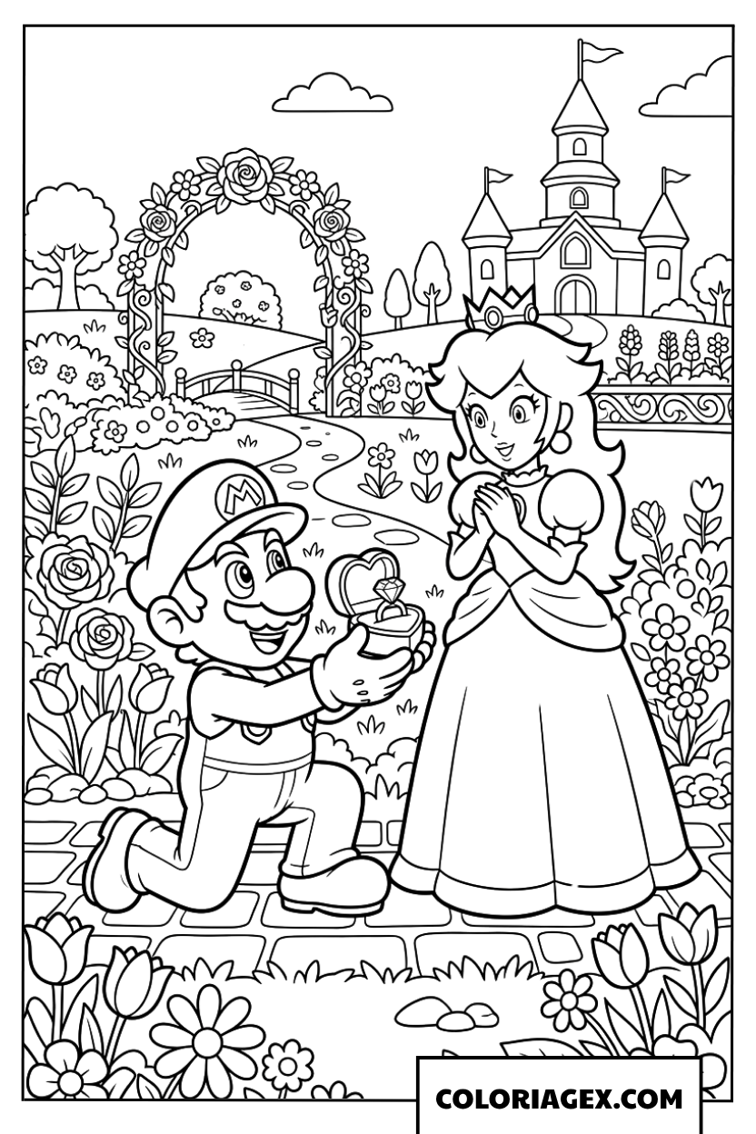 Coloriage de Mario a genoux pour demander la Princesse Peach en mariage