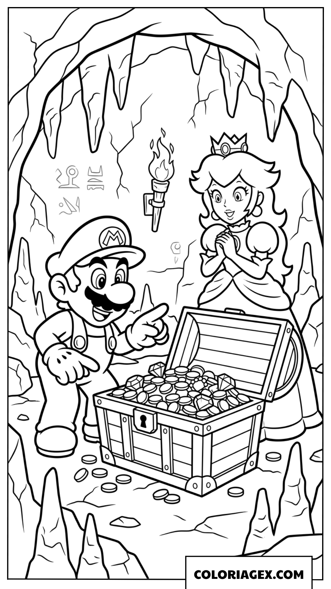 Coloriage de Mario et Peach decouvrant un coffre aux tresors cache