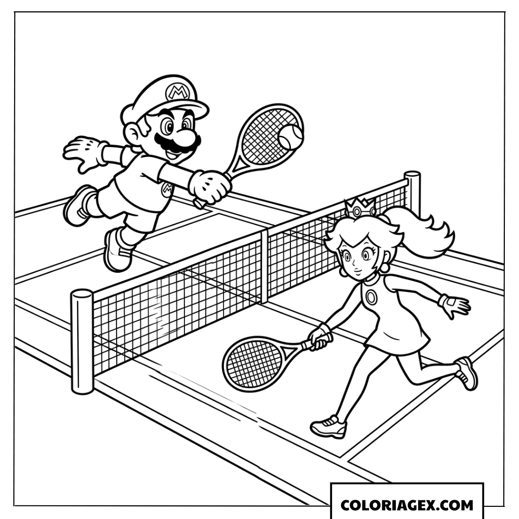 Coloriage de Mario et Peach jouant un match de tennis dynamique