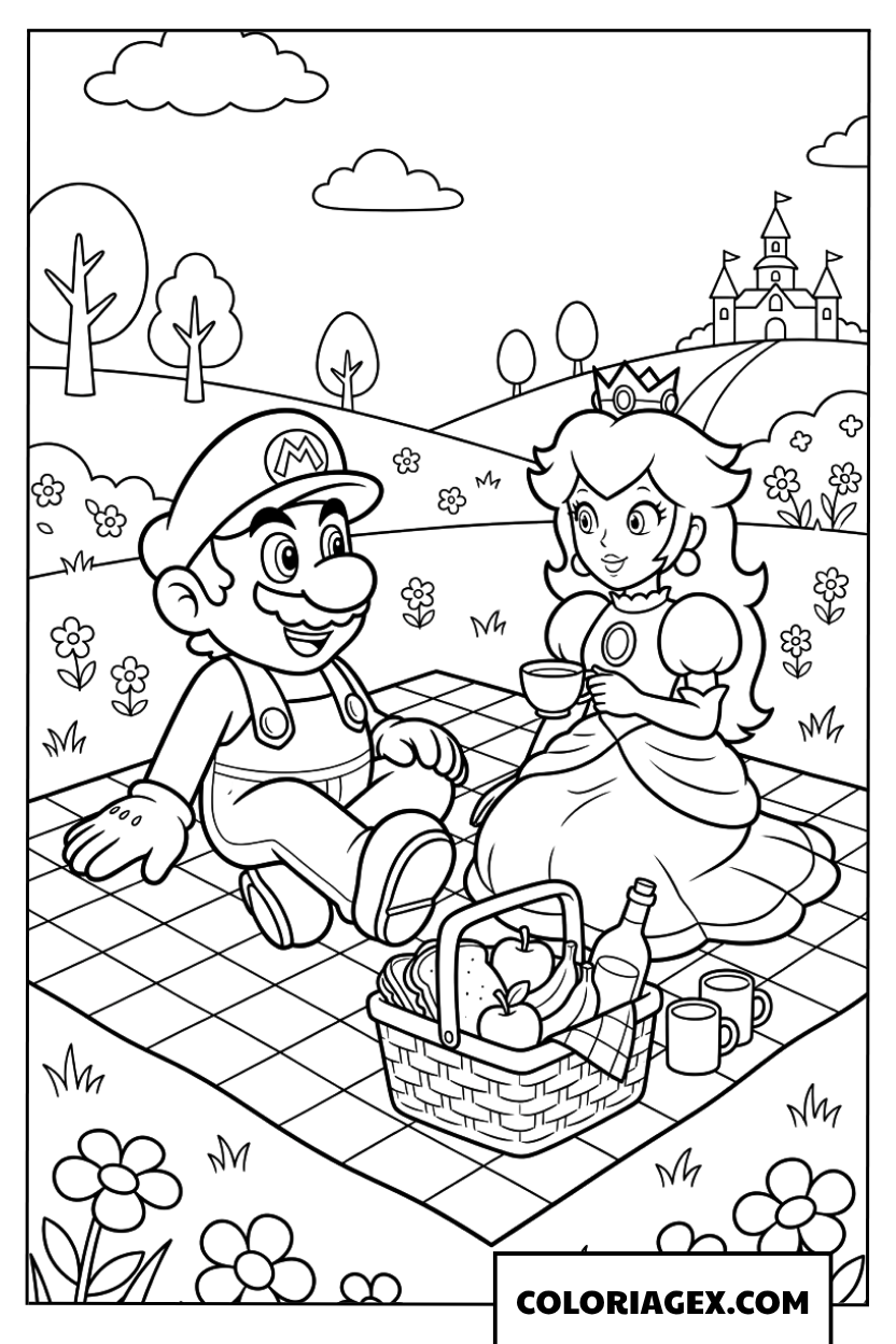 Coloriage de Mario et Peach lors d un pique nique romantique en plein air