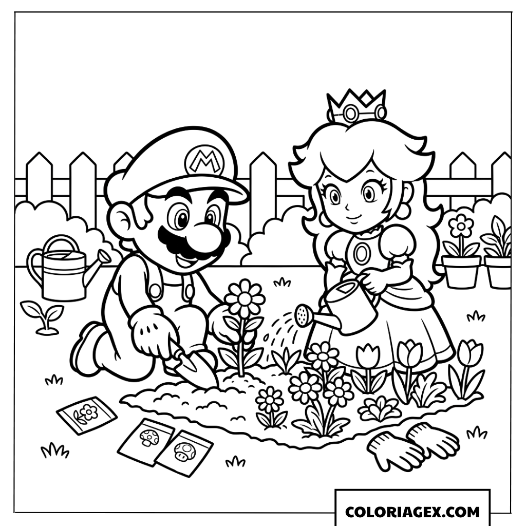Coloriage de Mario et la Princesse Peach mignons jardinant ensemble