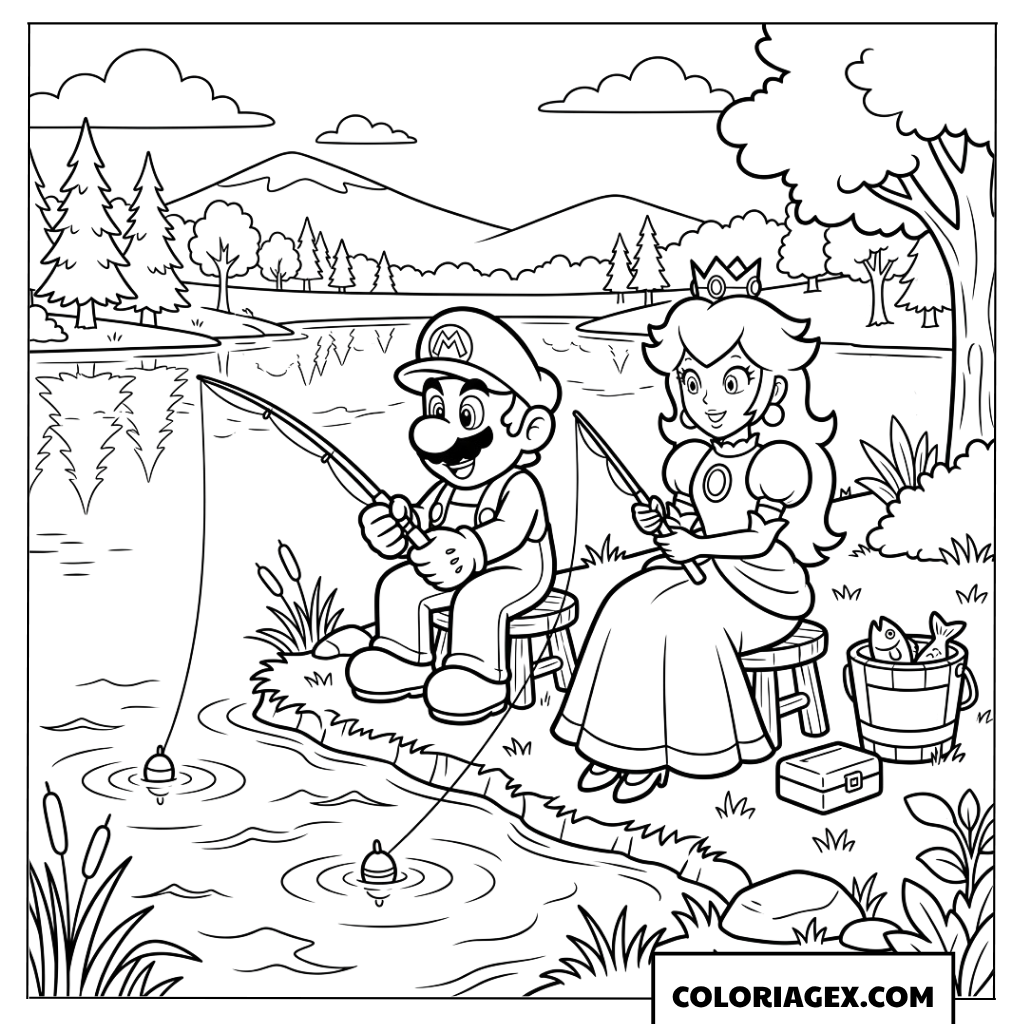 Coloriage de Mario et la Princesse Peach pechant joyeusement au bord du lac
