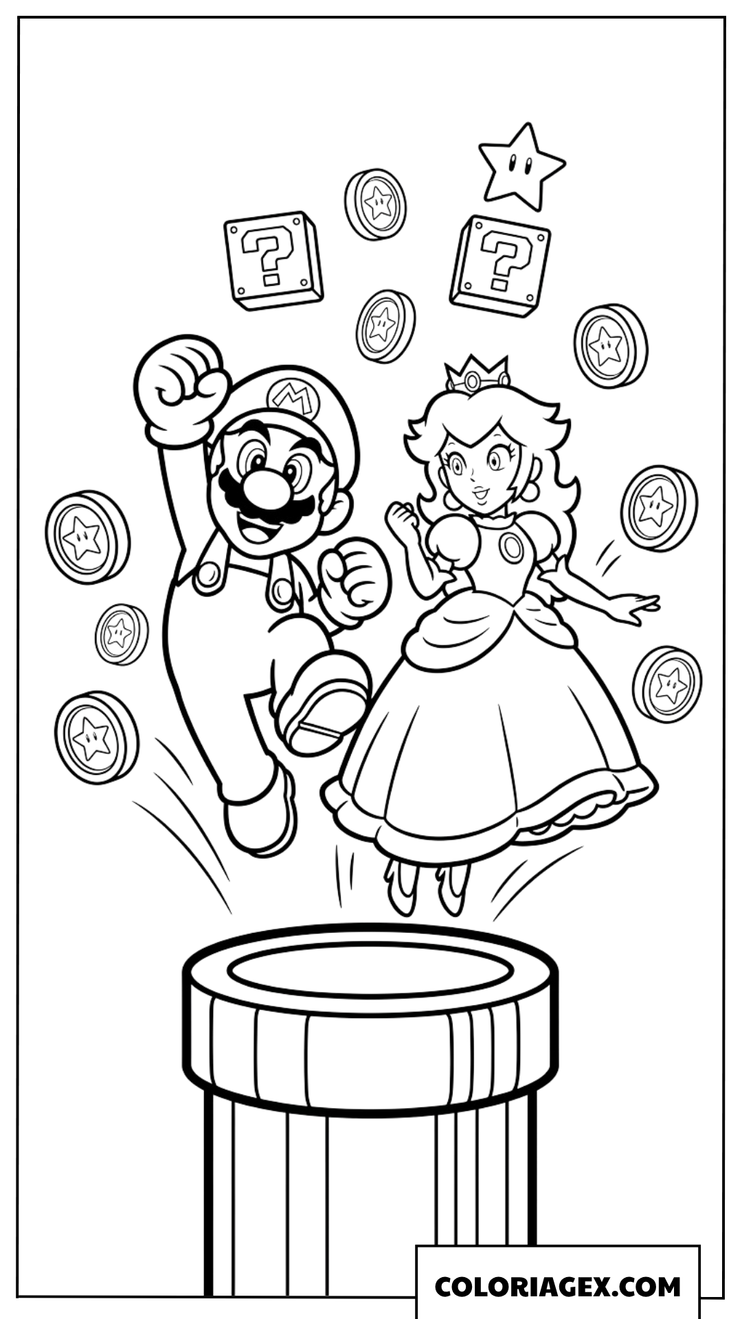 Coloriage de Mario et la Princesse Peach sautant d un tuyau avec des pieces