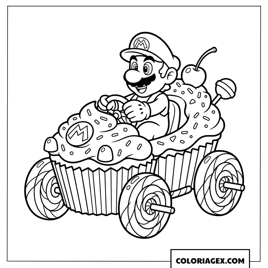Coloriage de Mario sur un kart en forme de cupcake