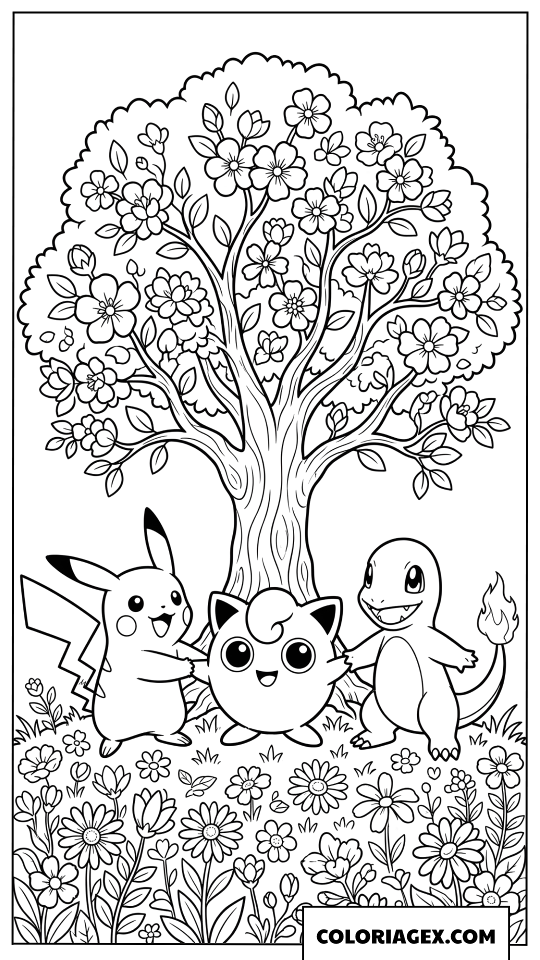 Coloriage de Pikachu, Rondoudou et Salamèche sous un grand arbre fleuri