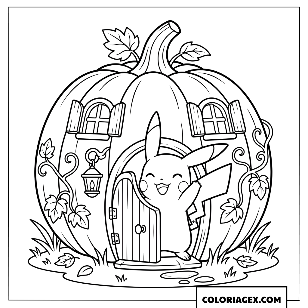 Coloriage de Pikachu accueillant devant sa maison citrouille magique