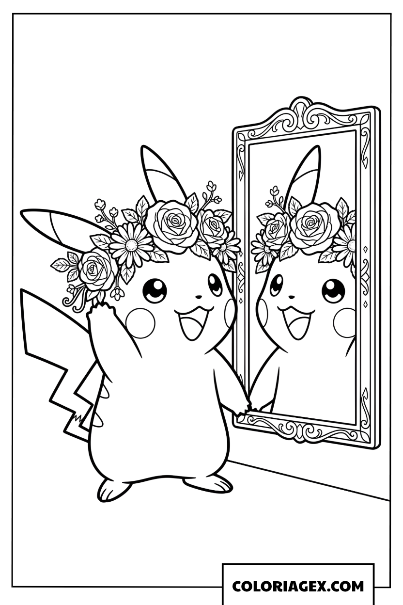 Coloriage de Pikachu admirant sa couronne de roses devant le miroir