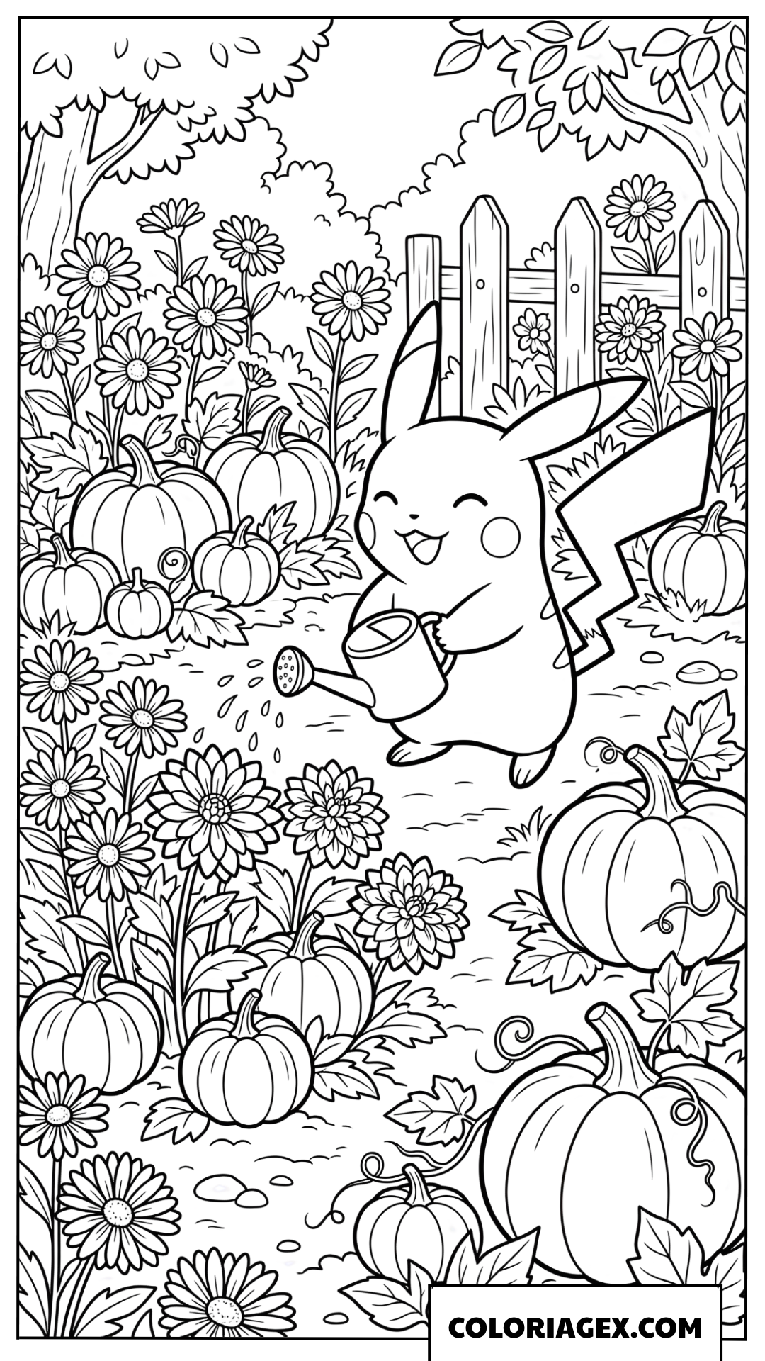 Coloriage de Pikachu arrosant les fleurs dans un champ de citrouilles