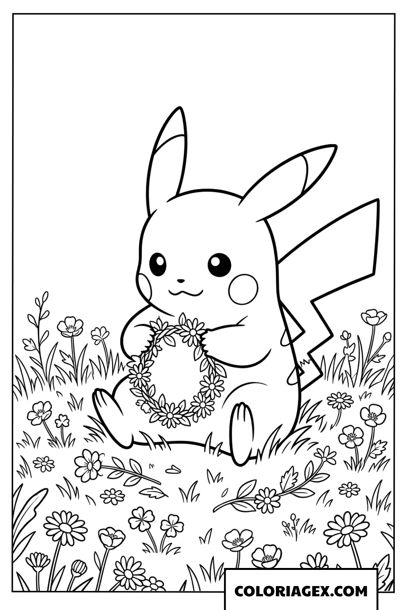 Coloriage de Pikachu assis dans un champ tressant une couronne de fleurs