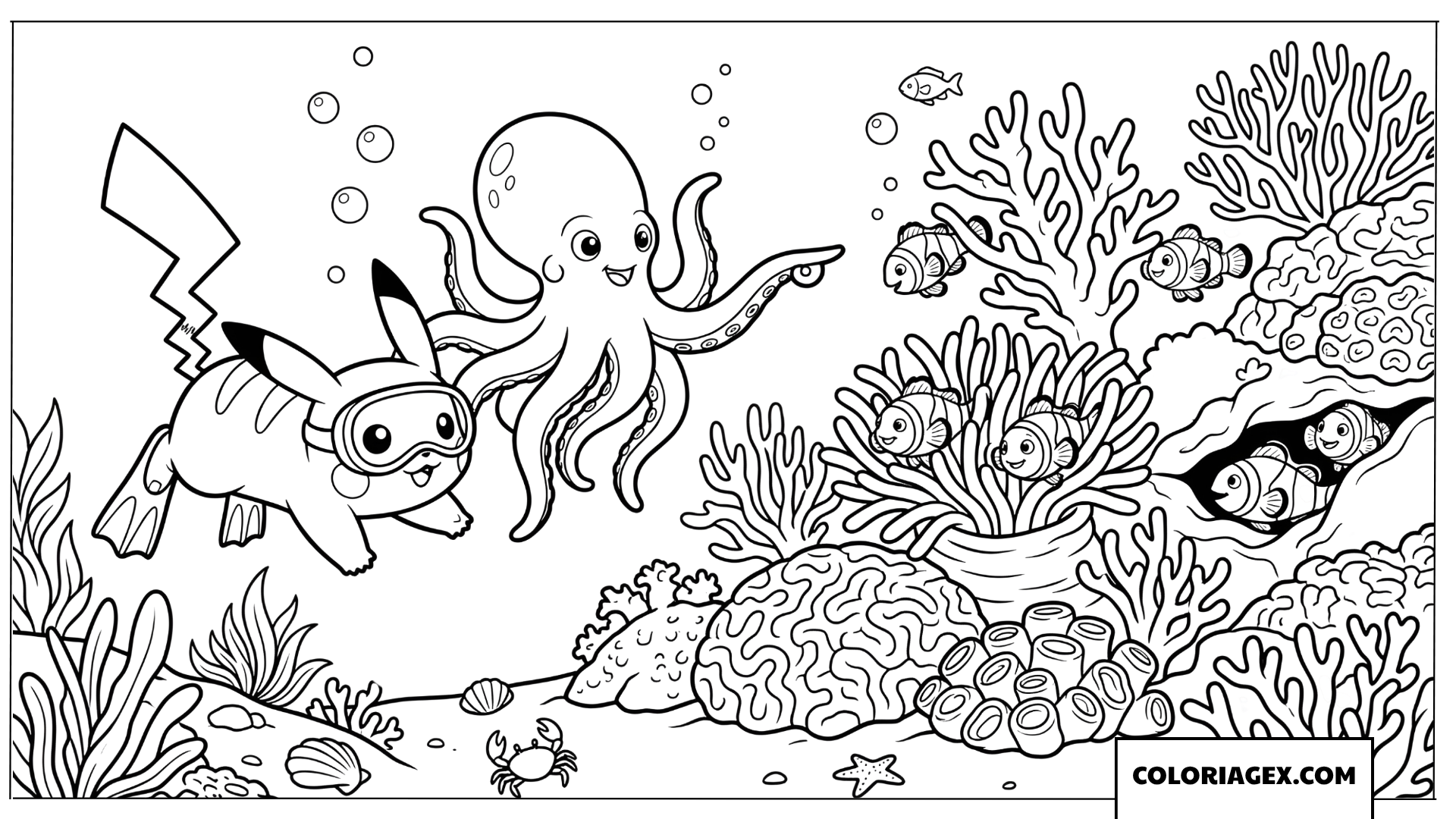 Coloriage de Pikachu avec un masque de plongée explorant l'océan avec une pieuvre