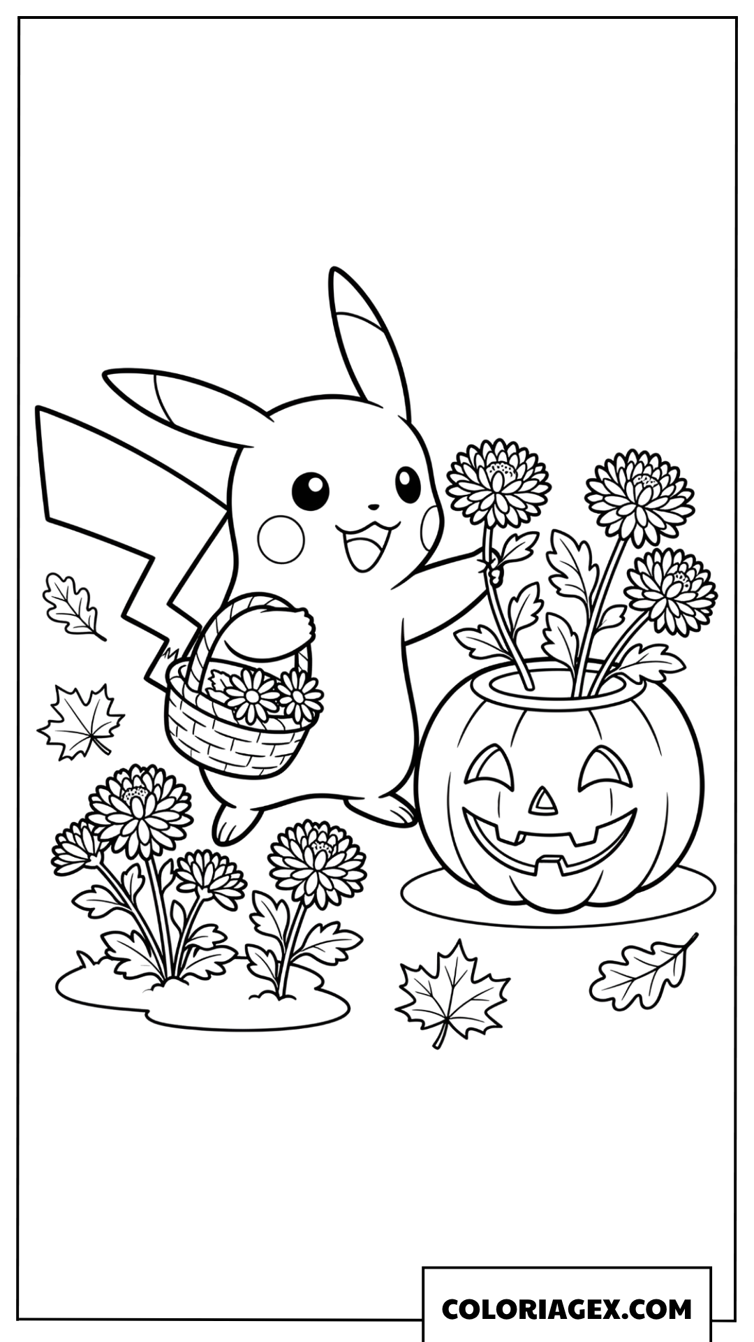 Coloriage de Pikachu avec un panier de fleurs et une citrouille souriante