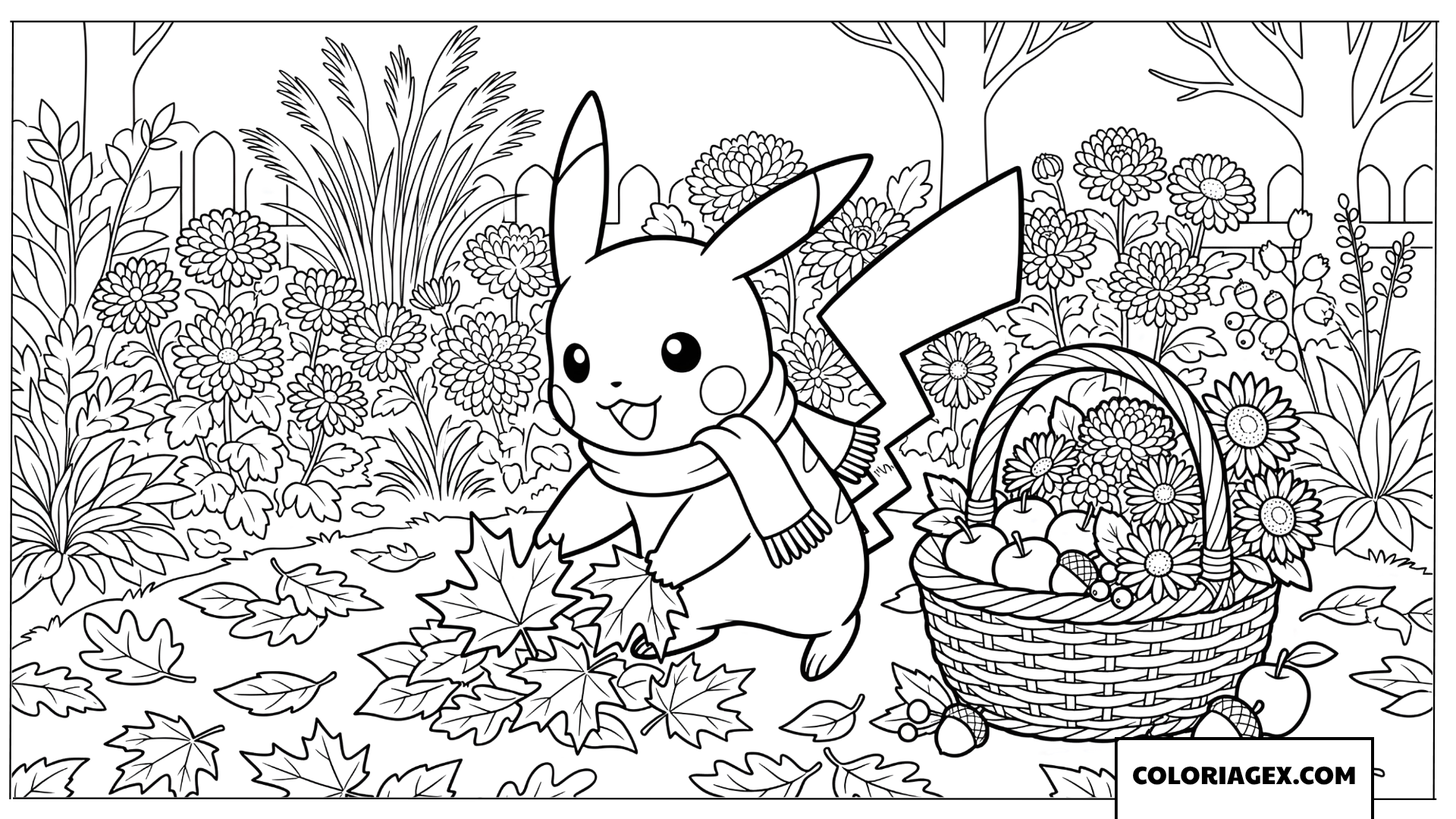 Coloriage de Pikachu avec une écharpe dans un jardin de chrysanthèmes