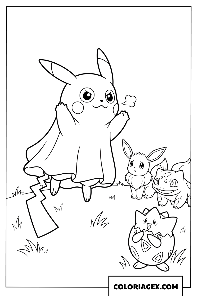 Coloriage de Pikachu déguisé en fantôme avec ses amis Pokémon