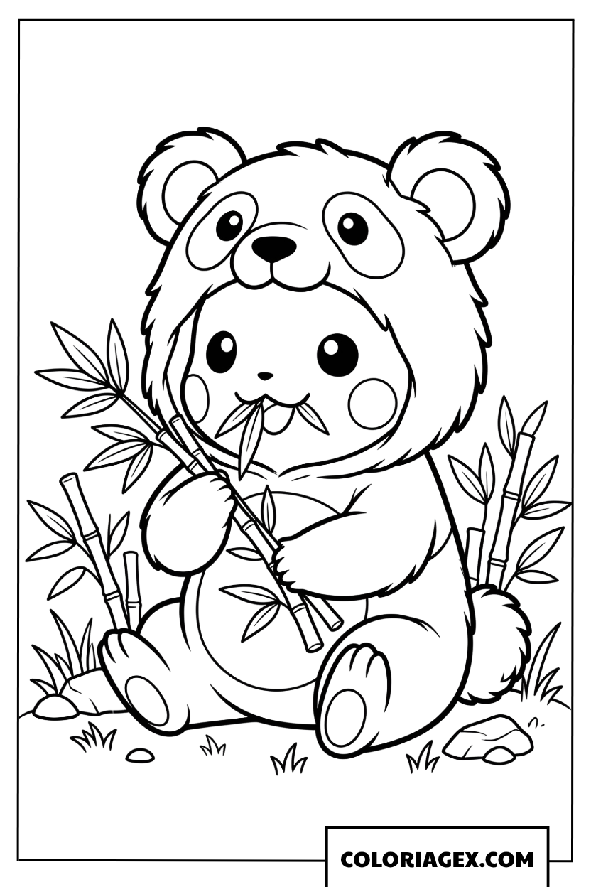 Coloriage de Pikachu déguisé en panda mangeant du bambou