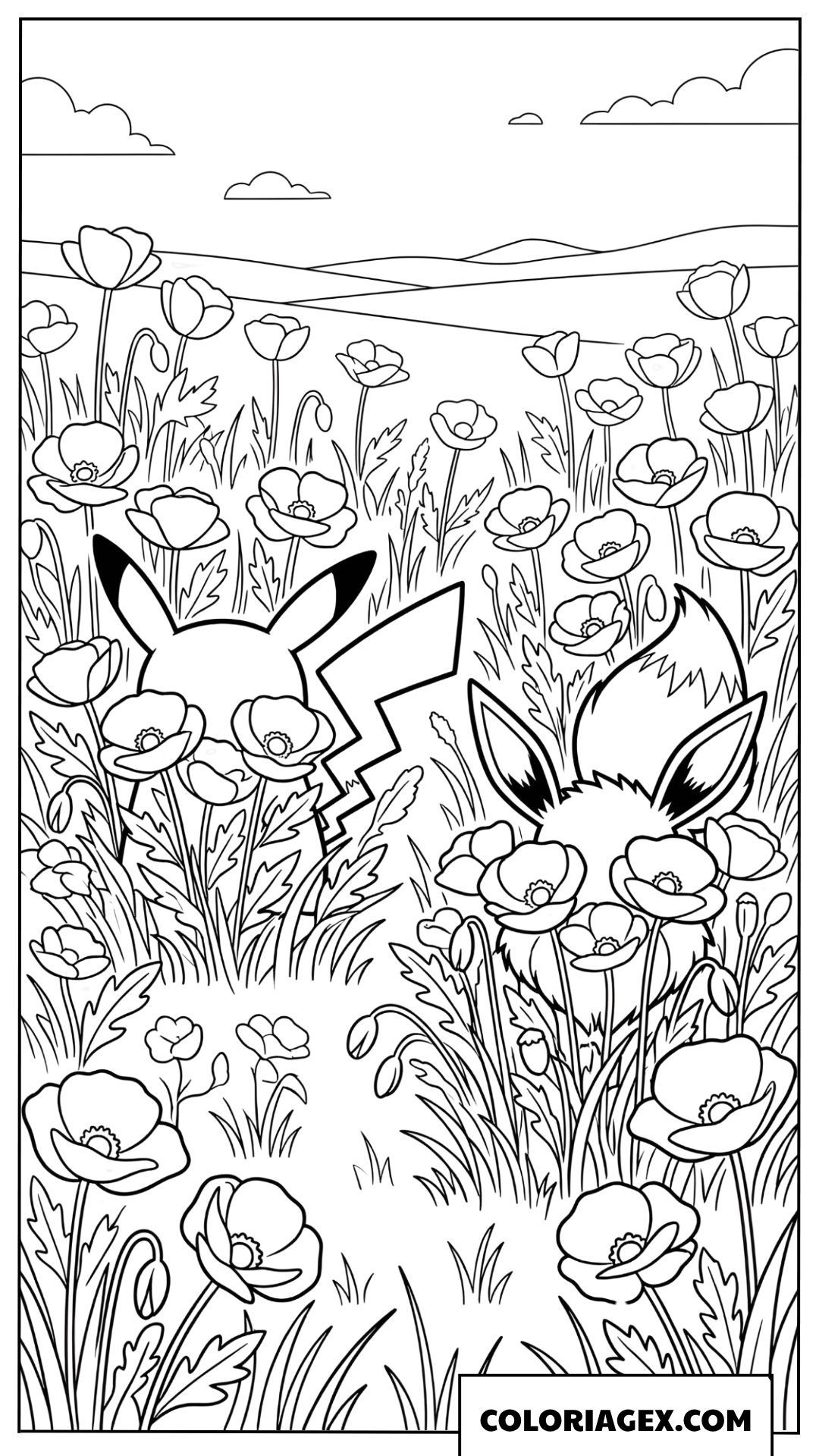 Coloriage de Pikachu et Evoli jouant à cache-cache dans les fleurs