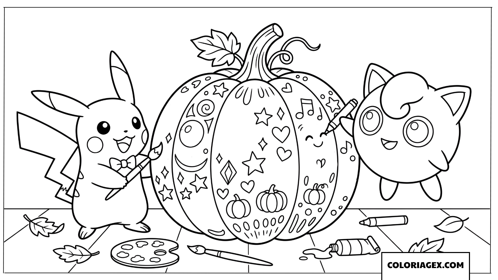 Coloriage de Pikachu et Rondoudou décorant une citrouille magique