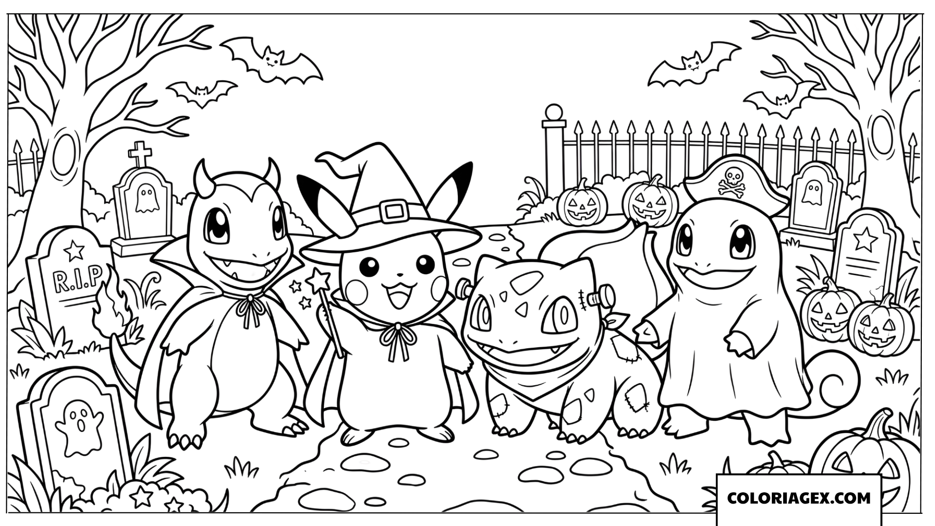 Coloriage de Pikachu et ses amis Pokémon dans un cimetière Halloween