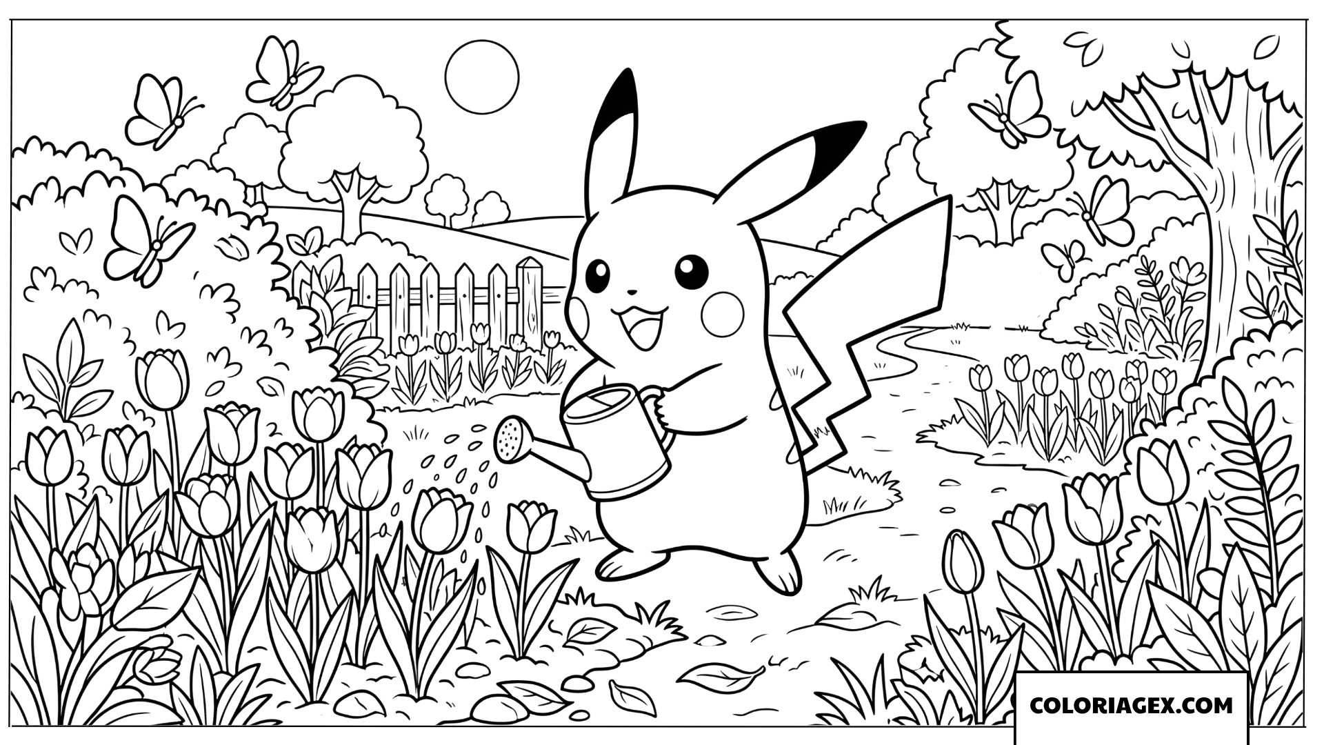 Coloriage de Pikachu jardinier arrosant des tulipes avec un arrosoir