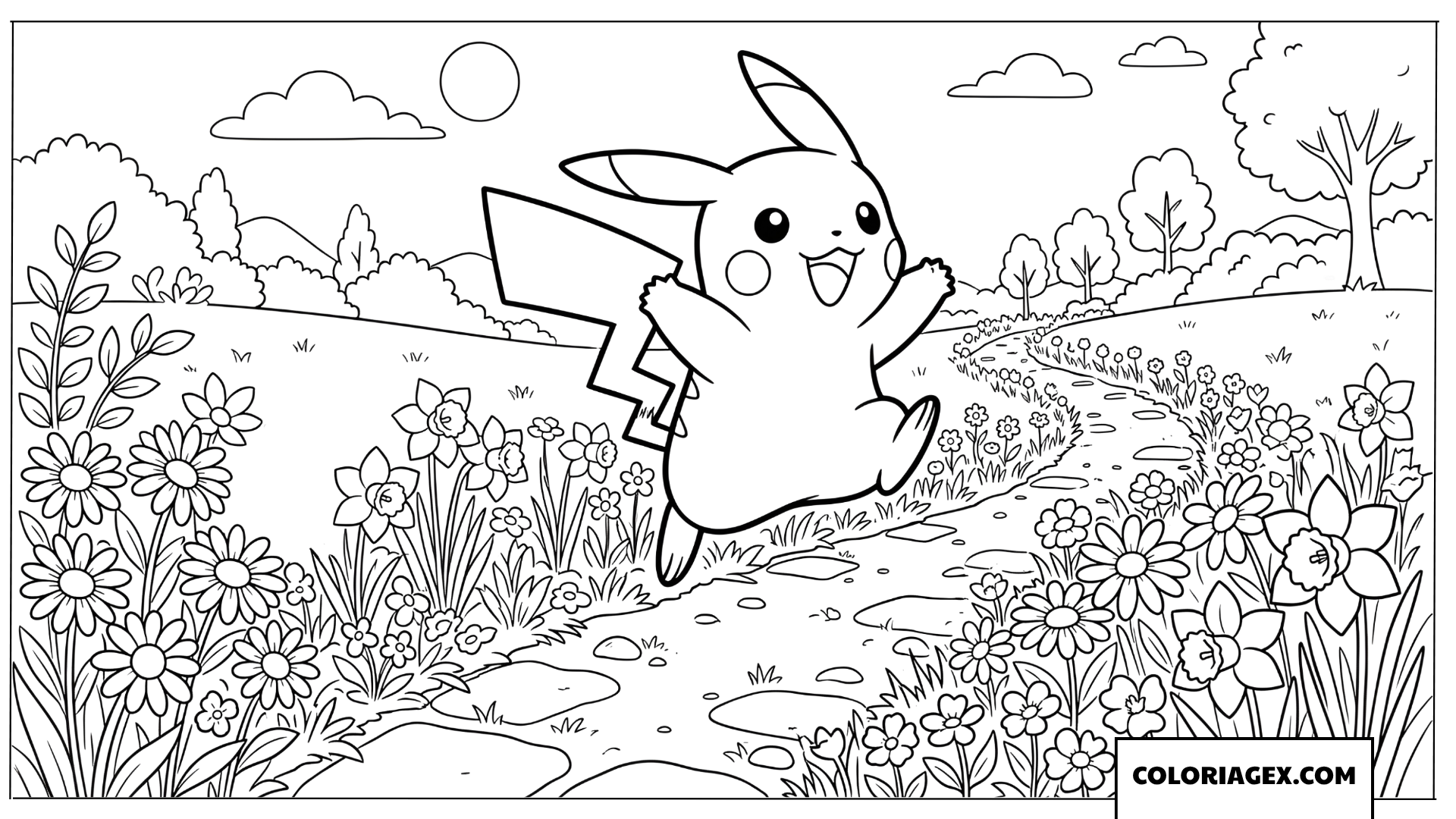 Coloriage de Pikachu joyeux courant sur un sentier fleuri