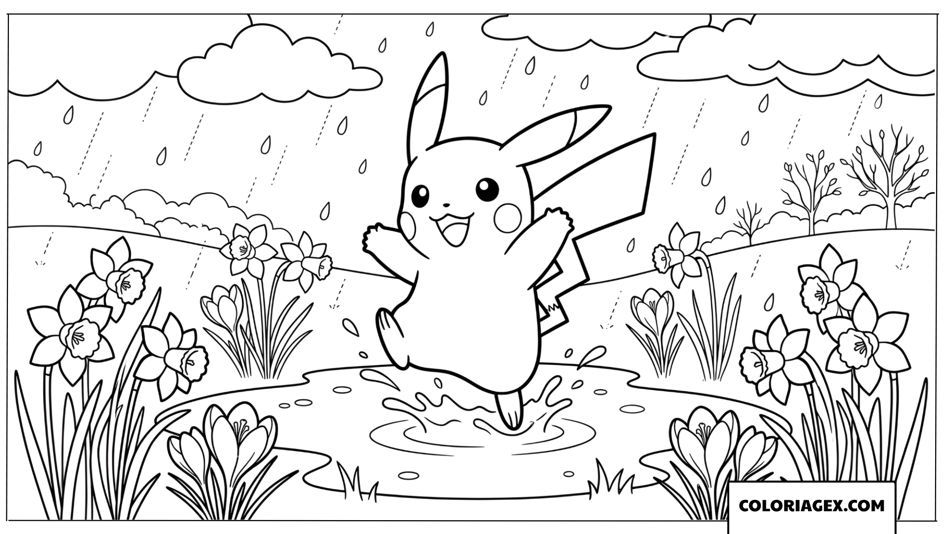 Coloriage de Pikachu joyeux sautant dans les flaques d'eau printanières