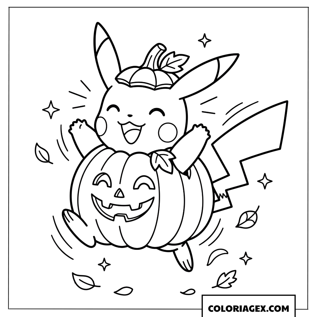 Coloriage de Pikachu joyeux sautant d'une citrouille d'Halloween