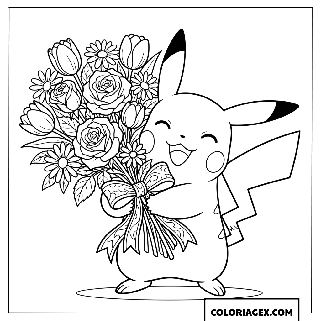 Coloriage de Pikachu joyeux tenant un immense bouquet de roses et tulipes