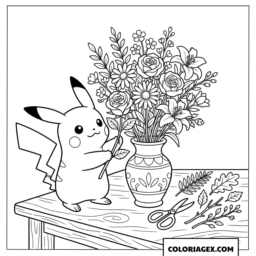 Coloriage de Pikachu organisant un grand vase de fleurs