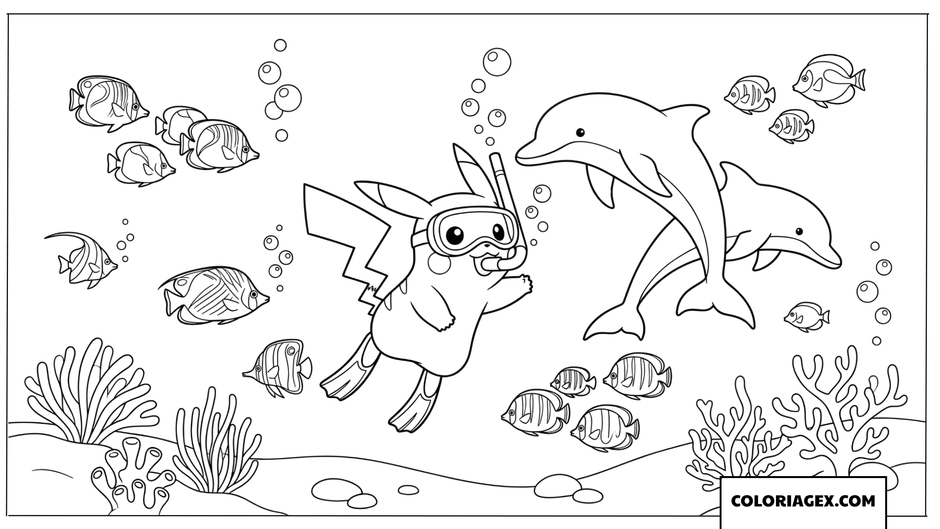 Coloriage de Pikachu plongeant et jouant avec des dauphins intelligents