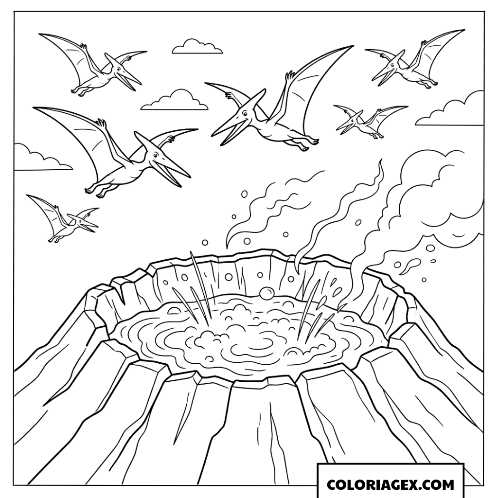 Coloriage de Pterodactyles au dessus d un cratere de volcan