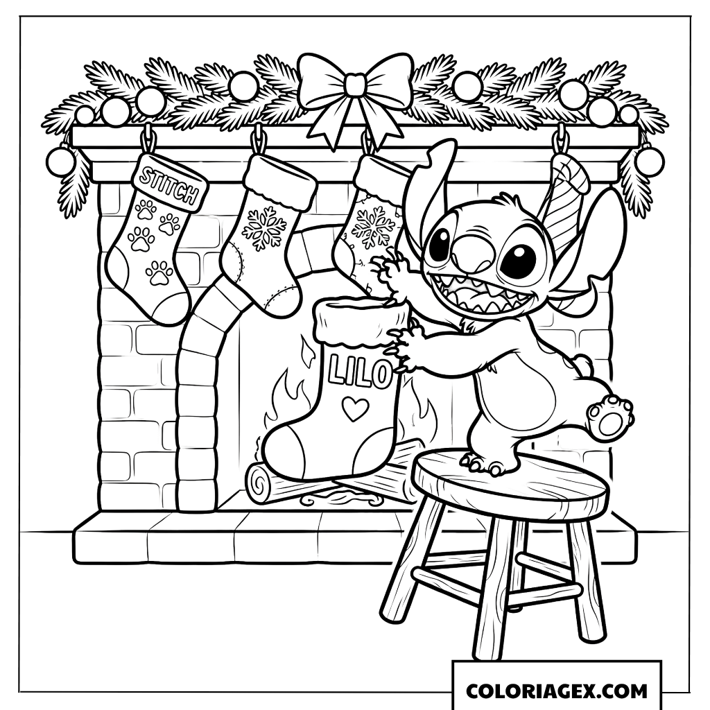 Coloriage de Stitch accrochant la chaussette de Lilo