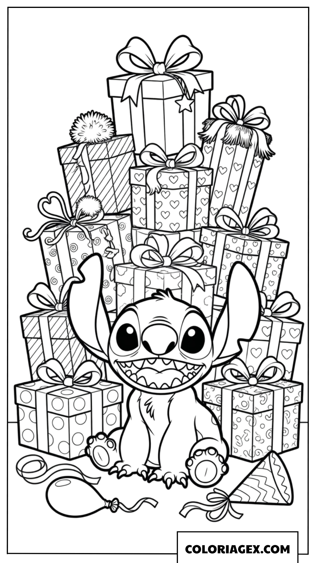 Coloriage de Stitch assis devant une montagne de cadeaux d'anniversaire