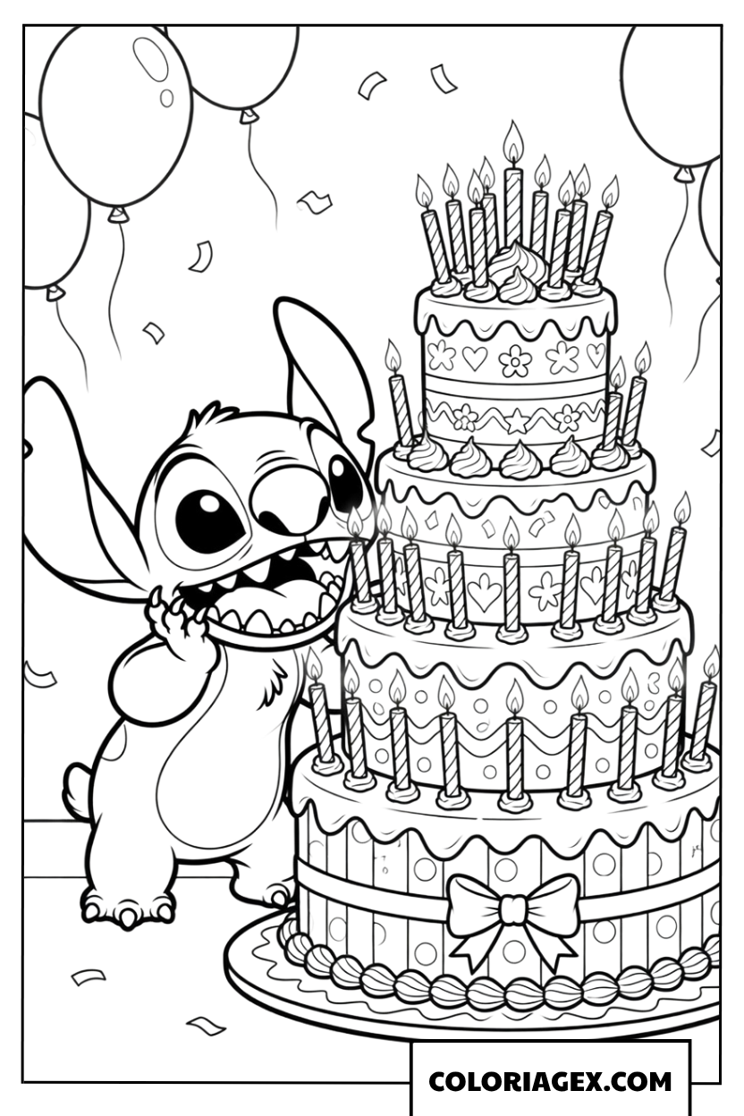 Coloriage de Stitch avec un gâteau d'anniversaire géant et des ballons