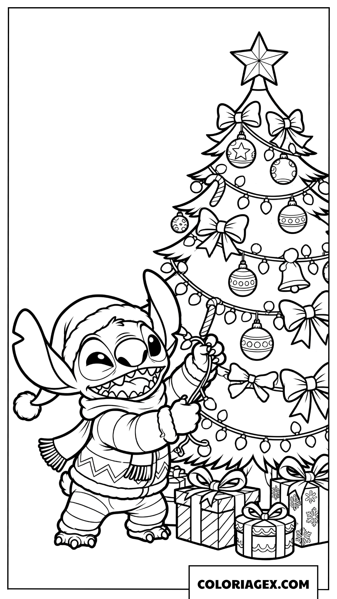 Coloriage de Stitch décorant le sapin avec des guirlandes