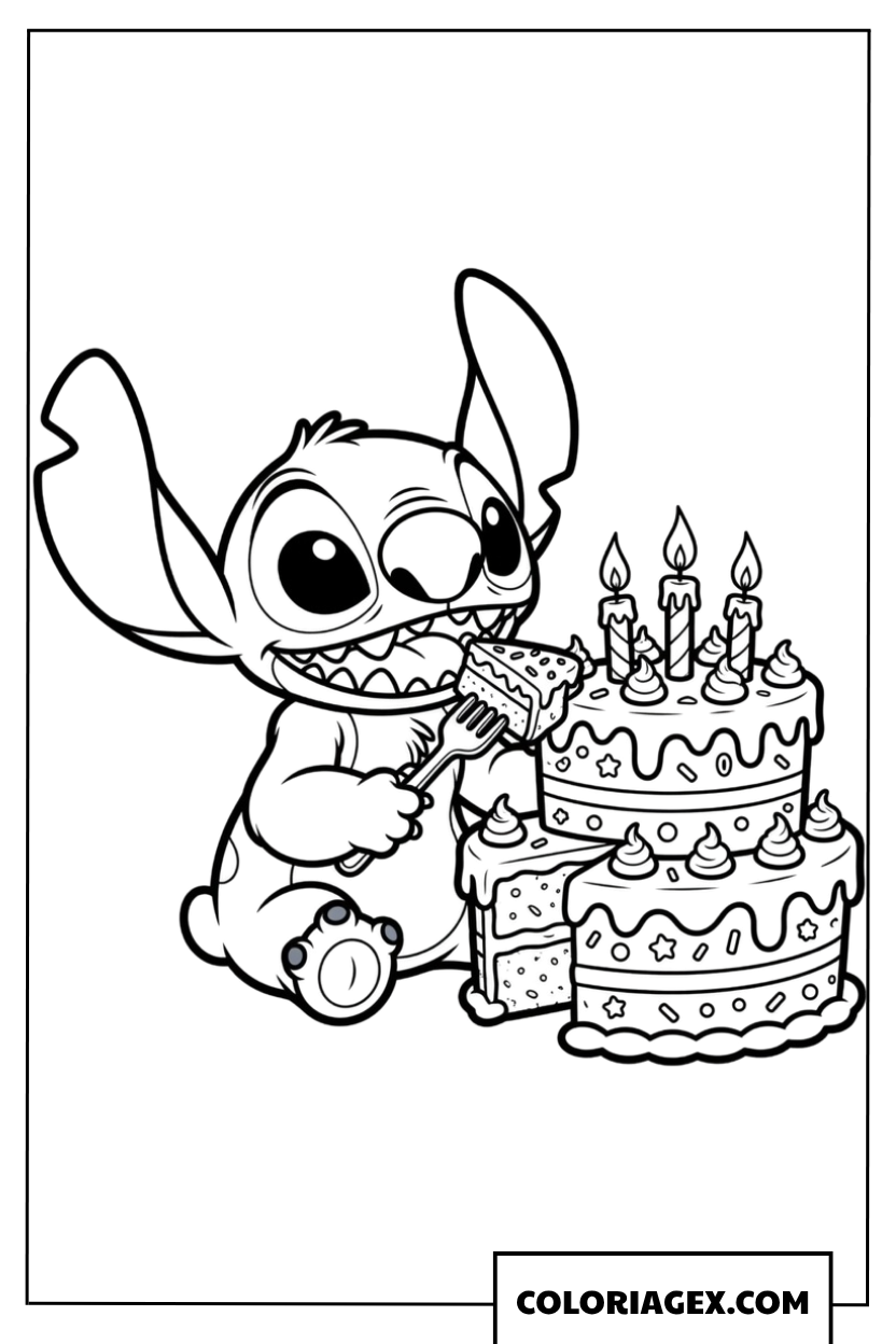 Coloriage de Stitch dégustant une délicieuse part de gâteau d'anniversaire
