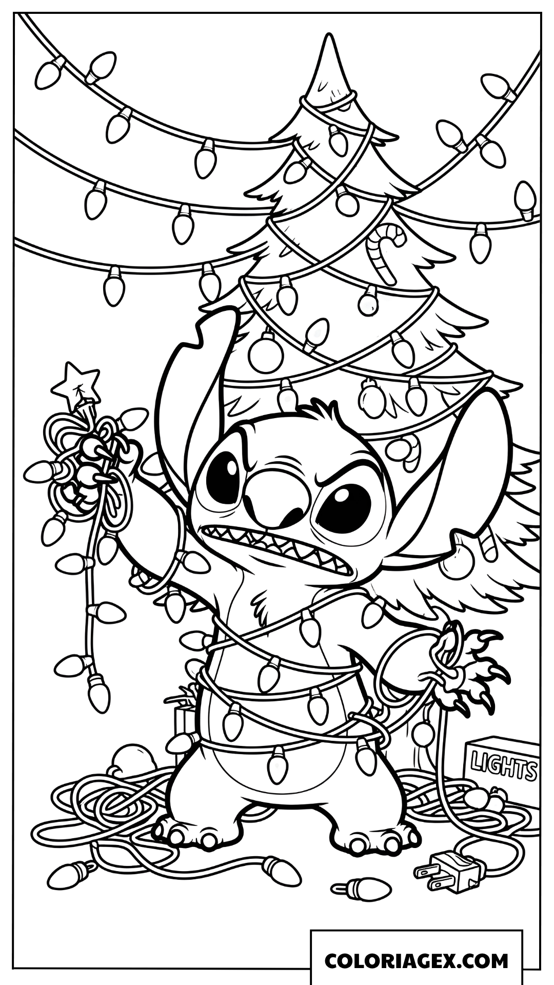 Coloriage de Stitch emmêlé dans les guirlandes lumineuses