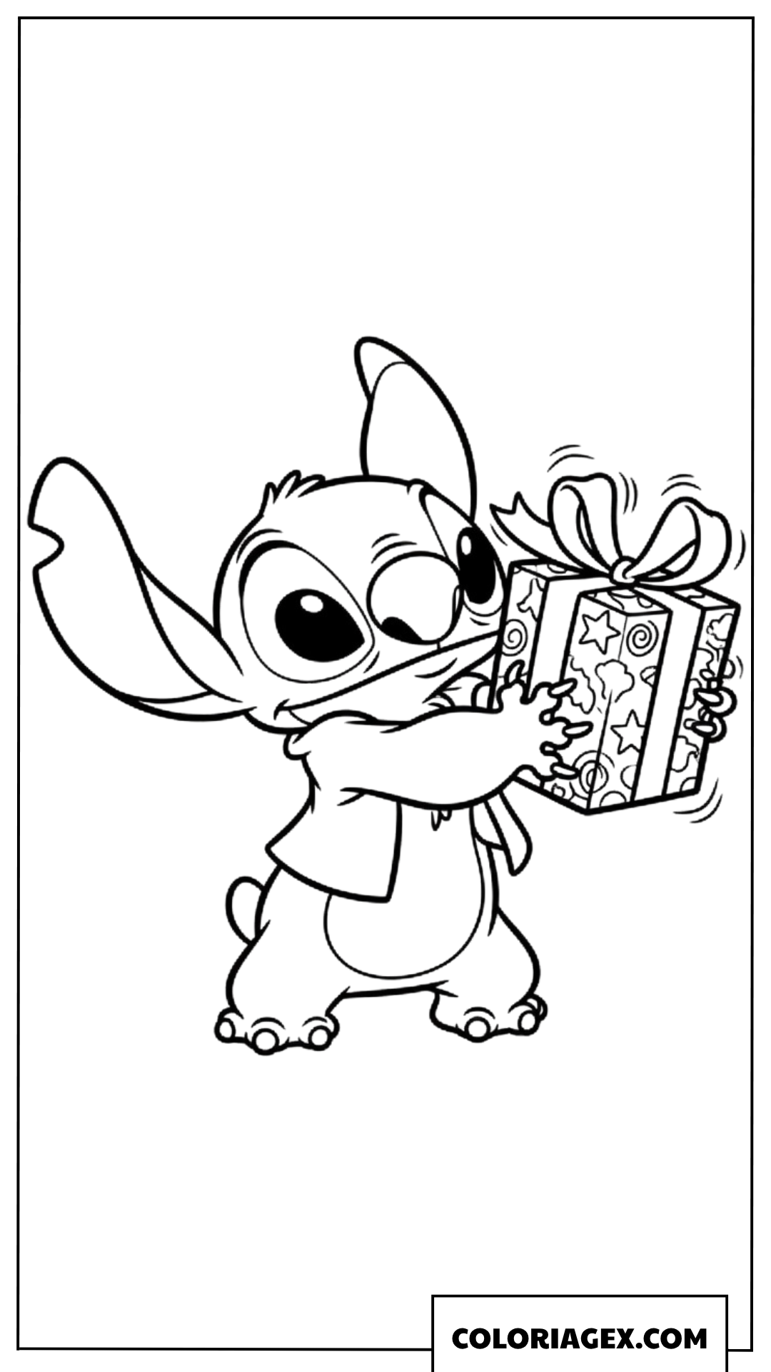 Coloriage de Stitch en veste serrant fort son cadeau d'anniversaire