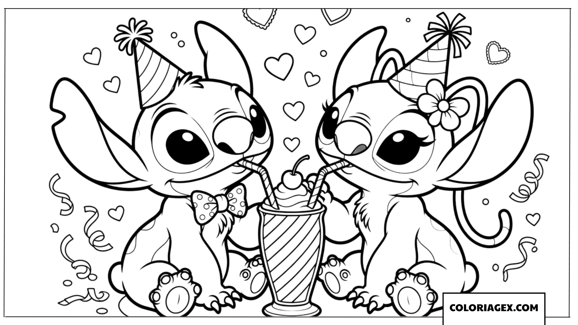 Coloriage de Stitch et Angel partageant un milk-shake d'anniversaire sucré